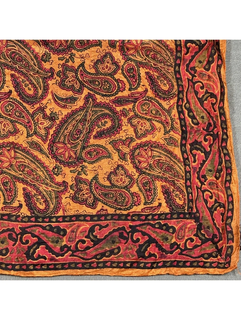 Vintage Paisley Patterned Silk Square Scarf with Orange and Red Tones